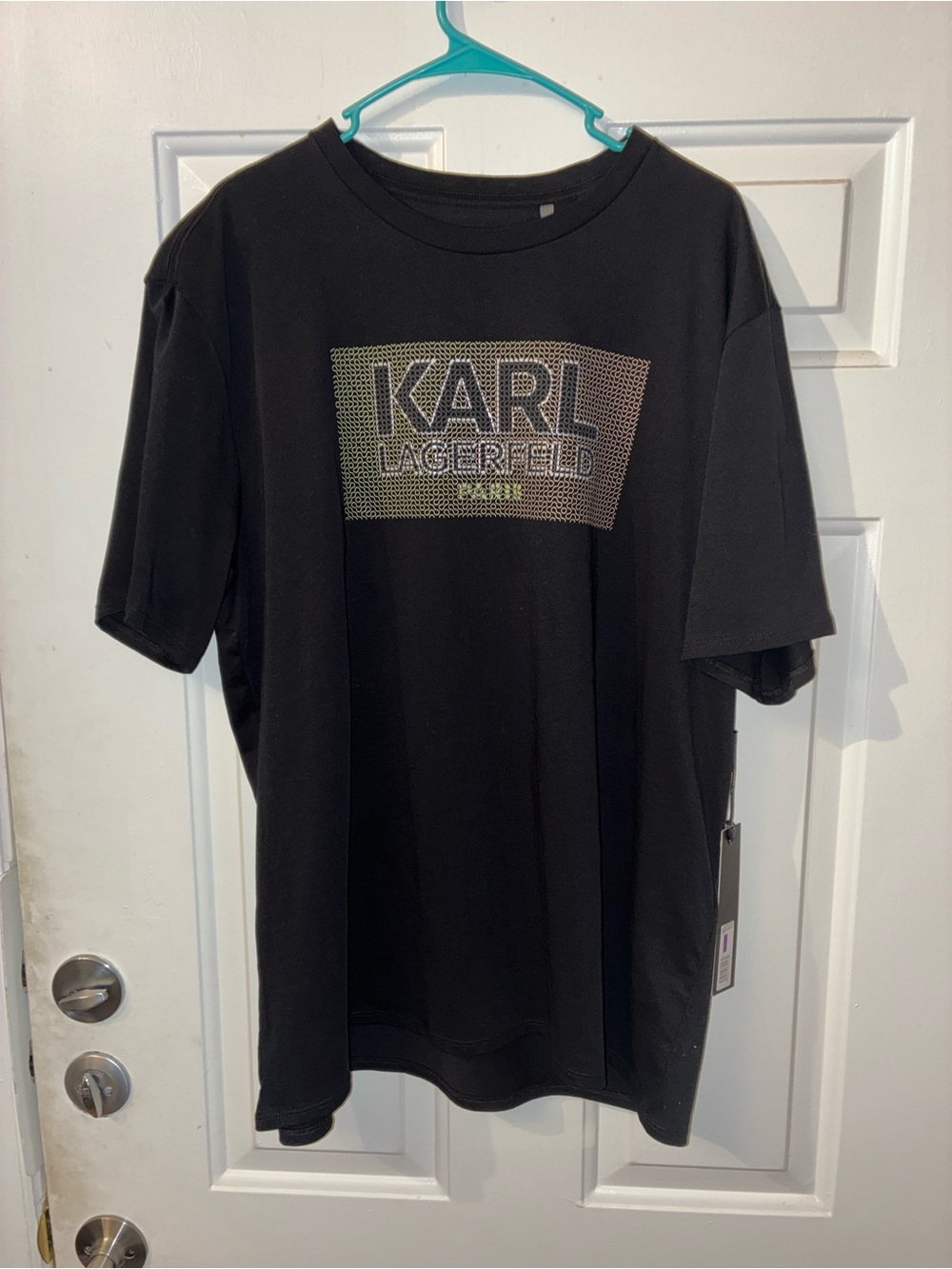 Karl Lagerfeld Black Short Sleeve Logo Tee with Iridescent Panel